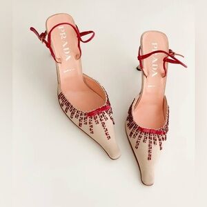 Vintage Prada Women's Satin Beaded Cream Red Embellished Heels Rare